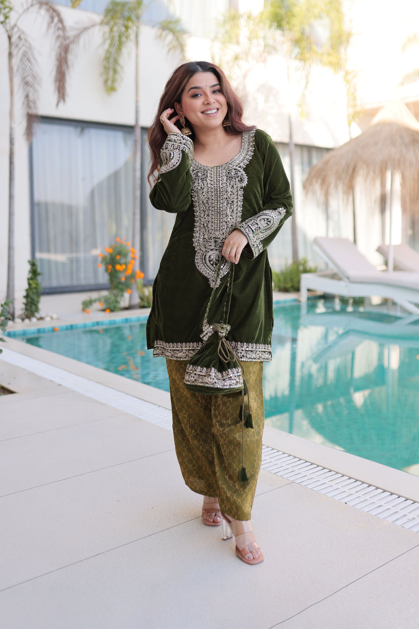 Mehendi Green Embroidered Velvet Kurta Pant with Potli Bag