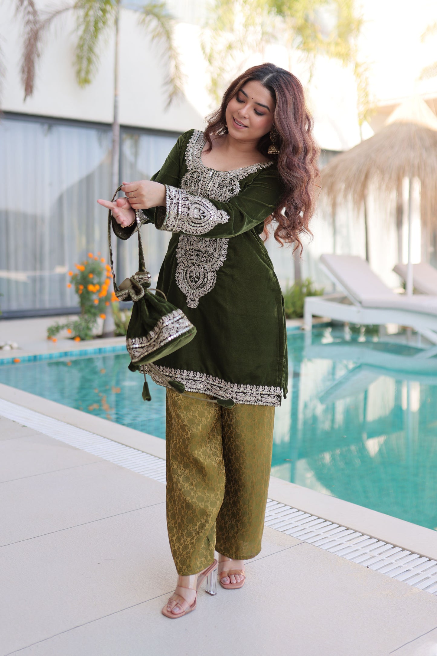 Mehendi Green Embroidered Velvet Kurta Pant with Potli Bag
