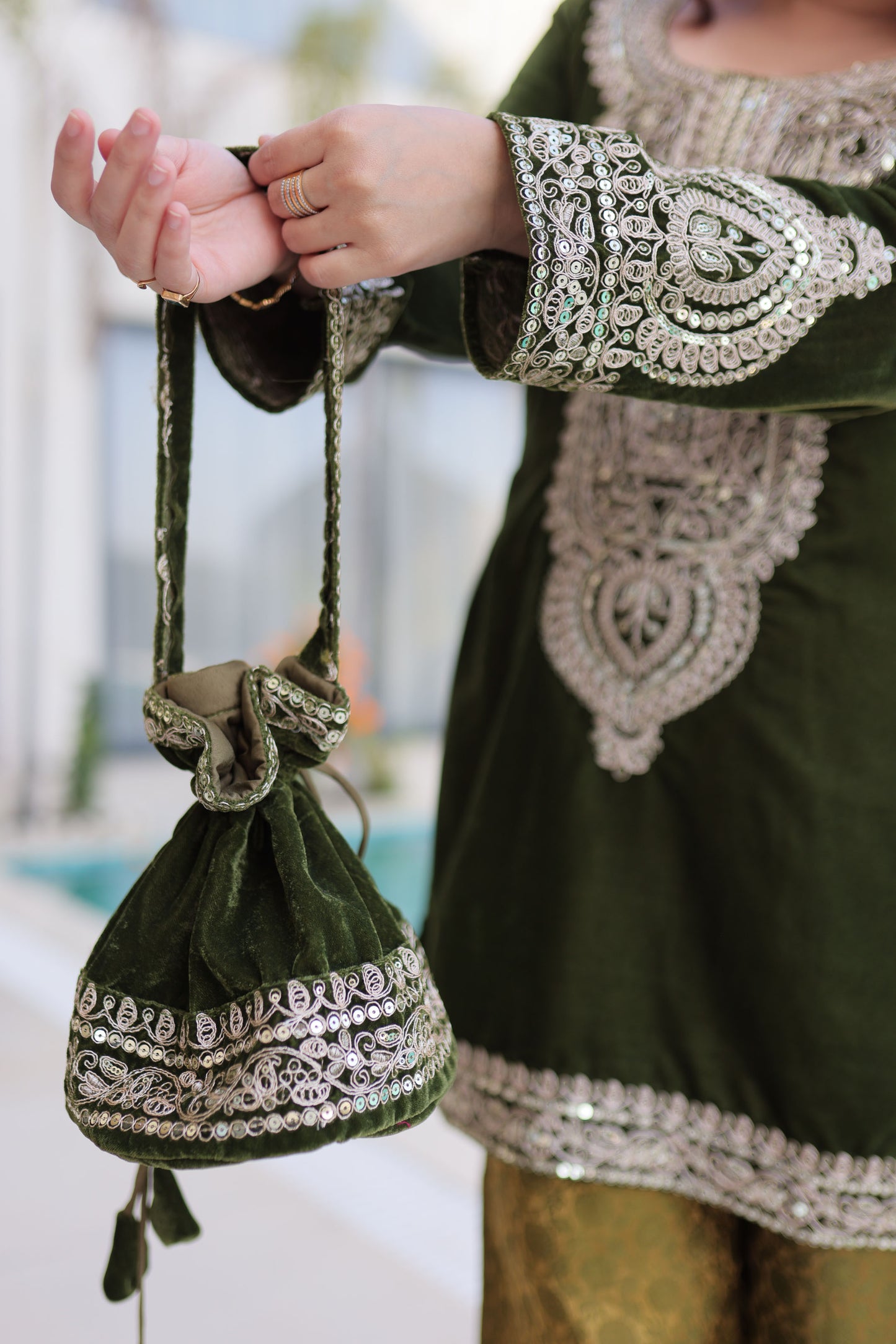 Mehendi Green Embroidered Velvet Kurta Pant with Potli Bag