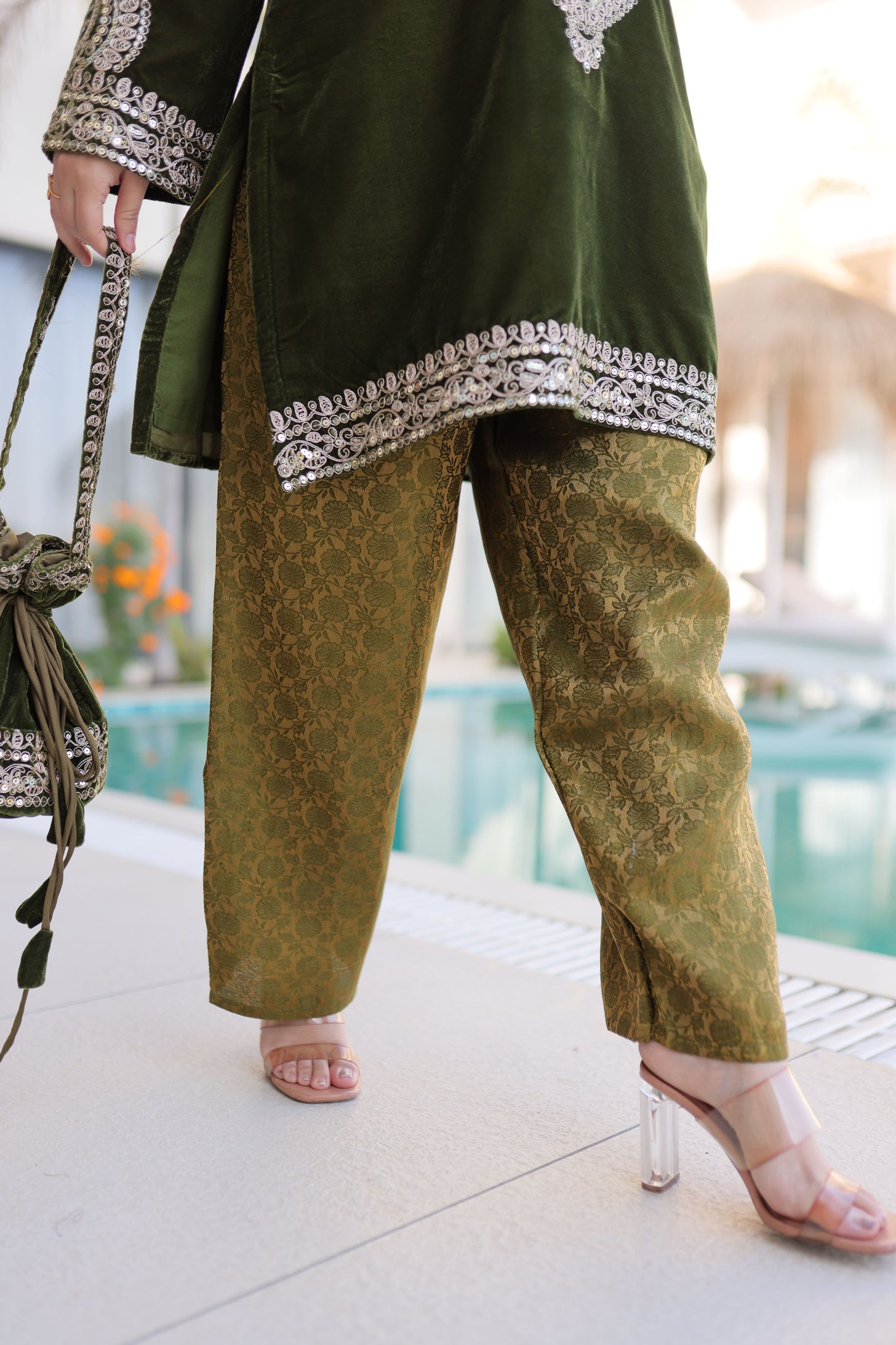 Mehendi Green Embroidered Velvet Kurta Pant with Potli Bag