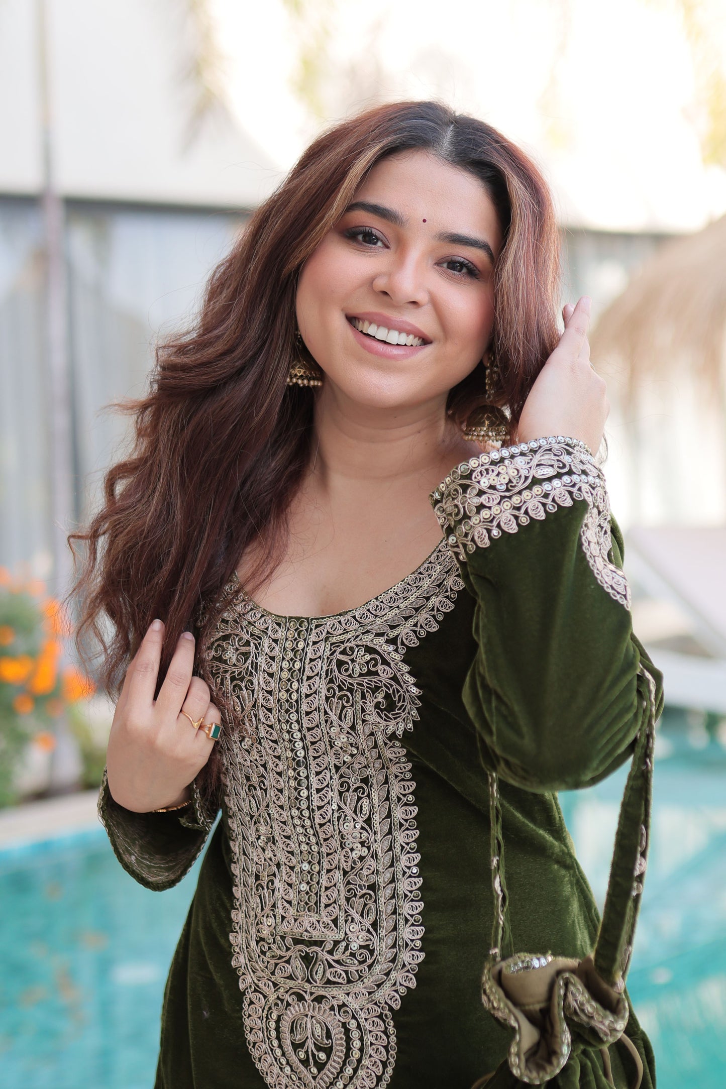 Mehendi Green Embroidered Velvet Kurta Pant with Potli Bag