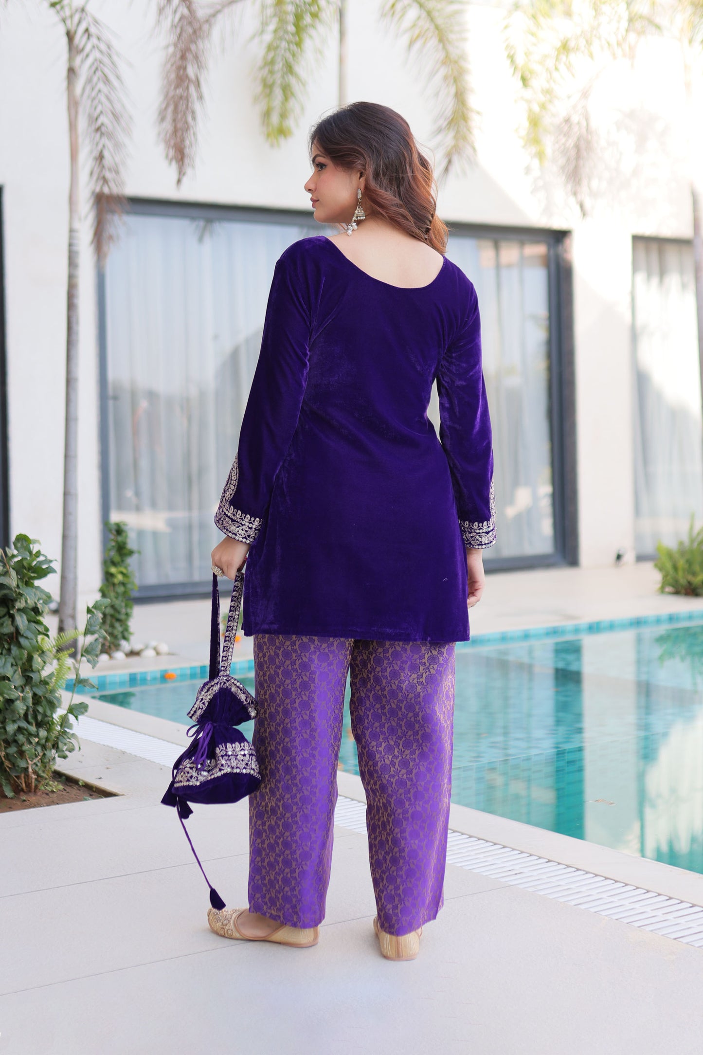 Royal Purple Embroidered Velvet Kurta Pant with Potli Bag