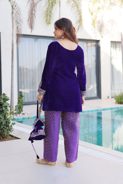 Royal Purple Embroidered Velvet Kurta Pant with Potli Bag