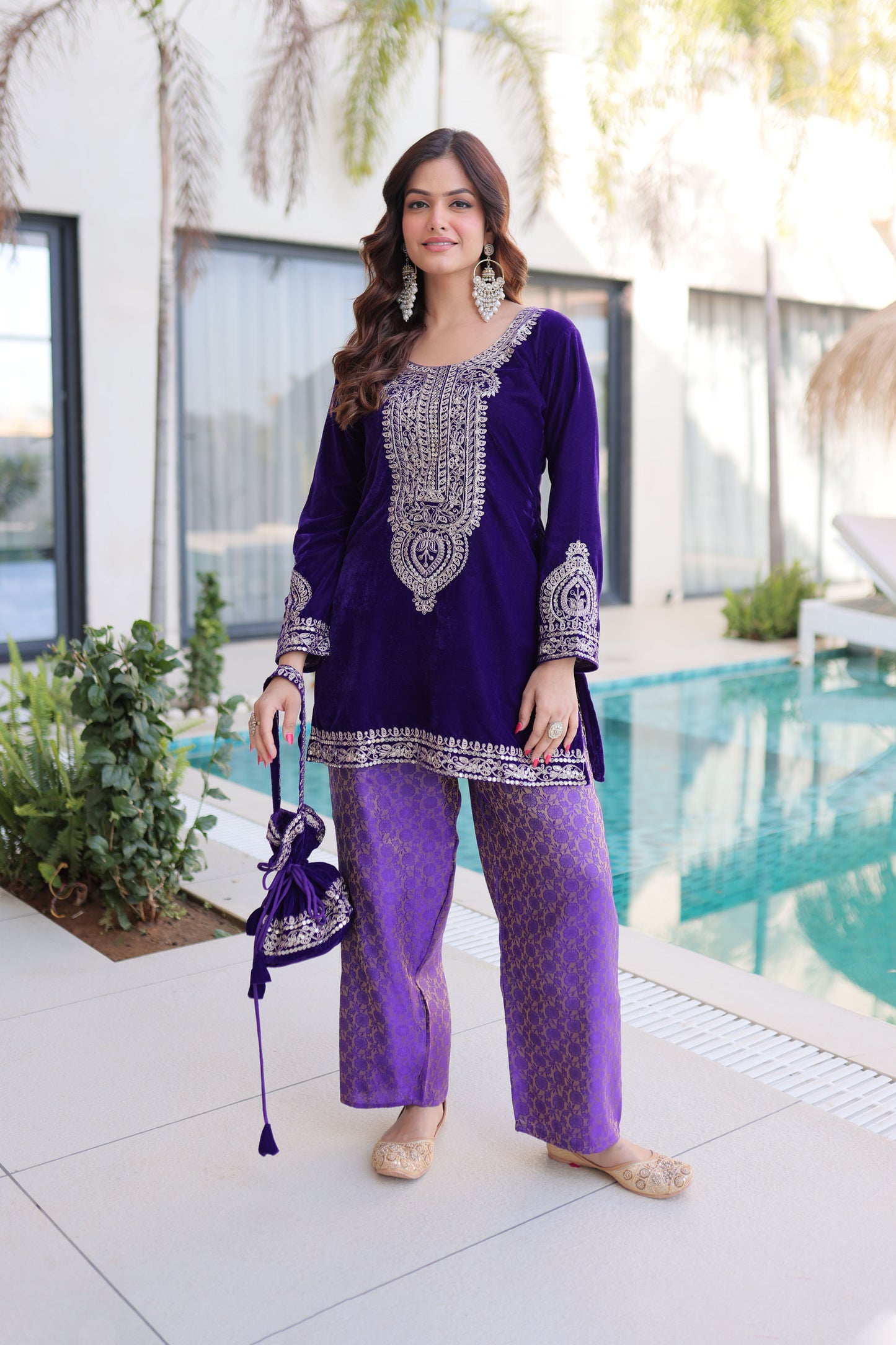 Royal Purple Embroidered Velvet Kurta Pant with Potli Bag