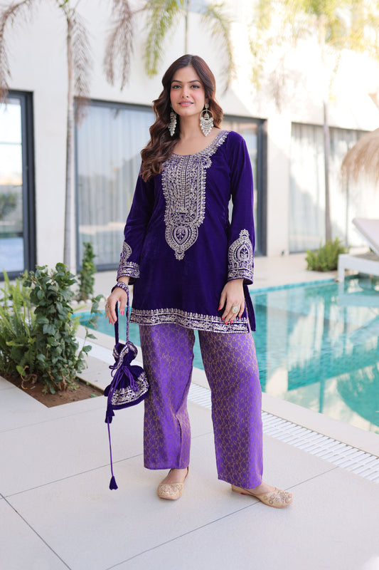 Royal Purple Embroidered Velvet Kurta Pant with Potli Bag