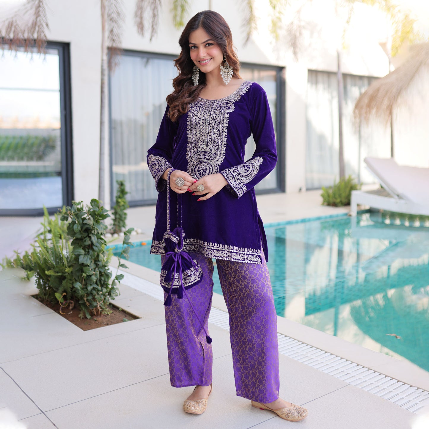 Royal Purple Embroidered Velvet Kurta Pant with Potli Bag