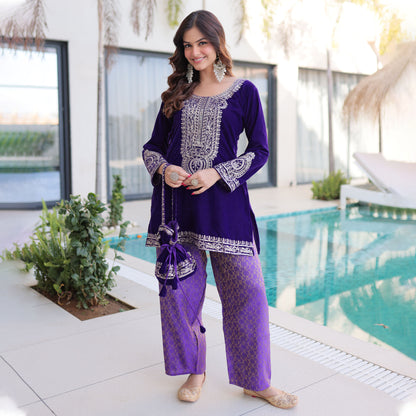 Royal Purple Embroidered Velvet Kurta Pant with Potli Bag