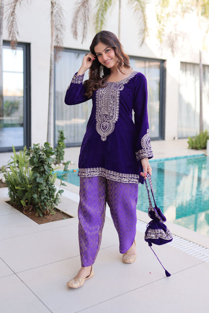 Royal Purple Embroidered Velvet Kurta Pant with Potli Bag