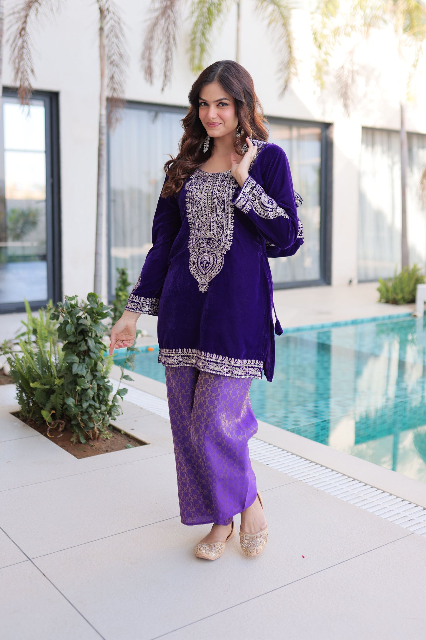 Royal Purple Embroidered Velvet Kurta Pant with Potli Bag