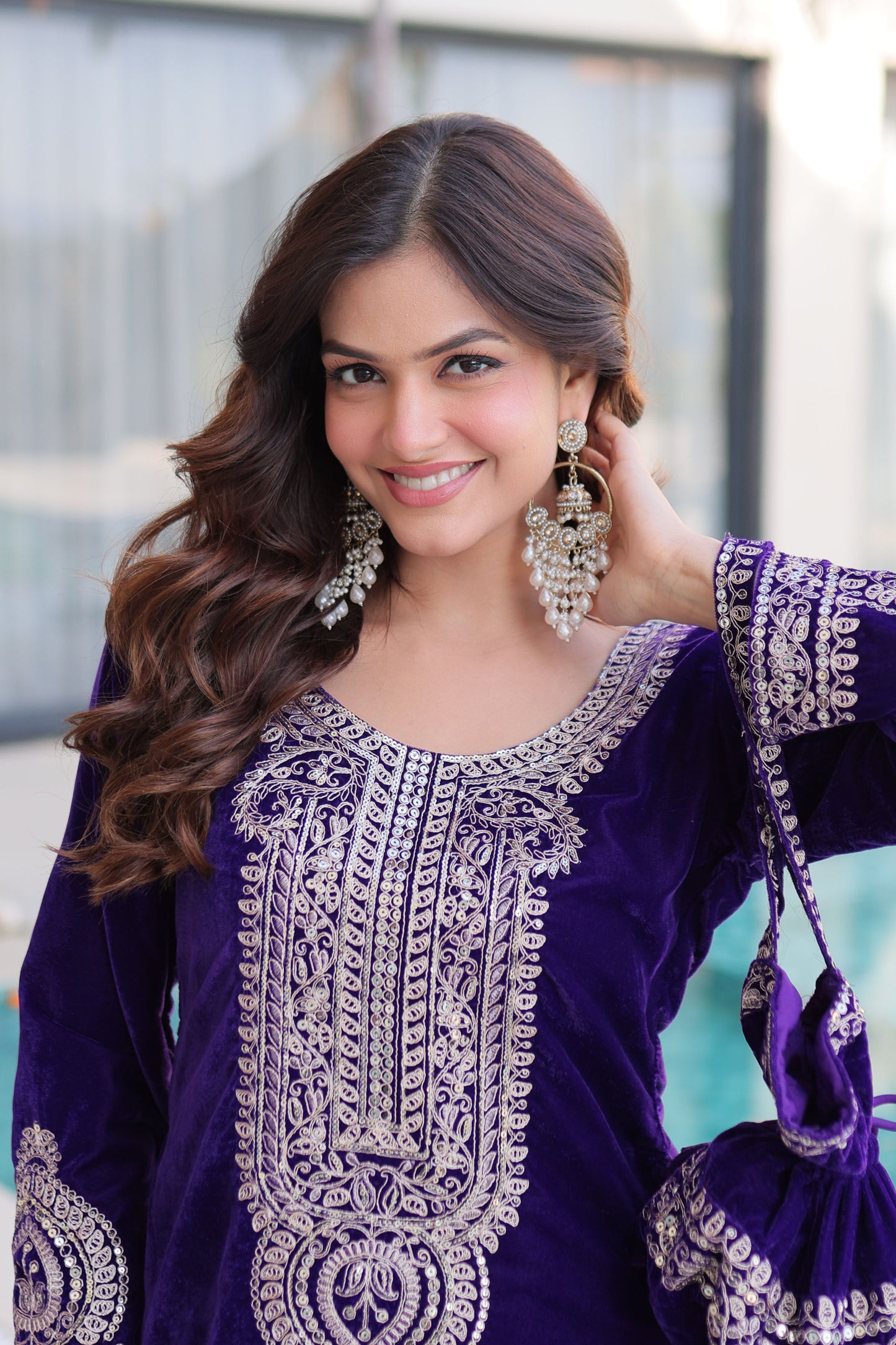 Royal Purple Embroidered Velvet Kurta Pant with Potli Bag