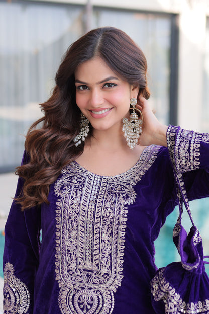 Royal Purple Embroidered Velvet Kurta Pant with Potli Bag