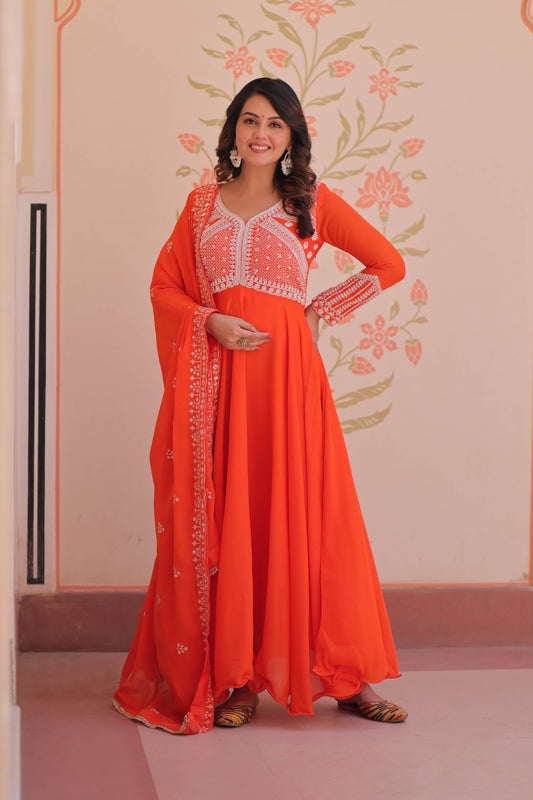 Ishani Orange Sequin Beads Embroidered Gown With Duppata