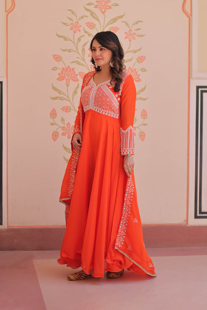 Ishani Orange Sequin Beads Embroidered Gown With Duppata