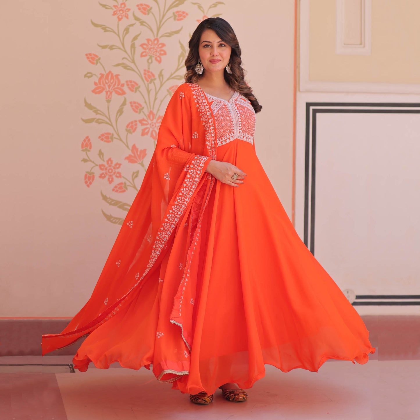 Ishani Orange Sequin Beads Embroidered Gown With Duppata