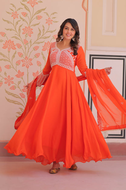 Ishani Orange Sequin Beads Embroidered Gown With Duppata