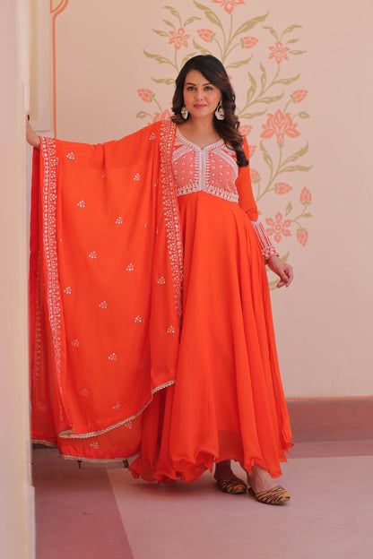 Ishani Orange Sequin Beads Embroidered Gown With Duppata