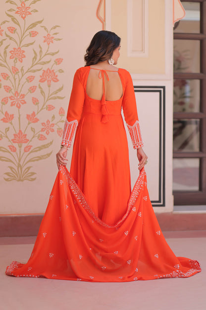 Ishani Orange Sequin Beads Embroidered Gown With Duppata
