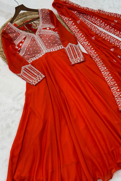 Ishani Orange Sequin Beads Embroidered Gown With Duppata