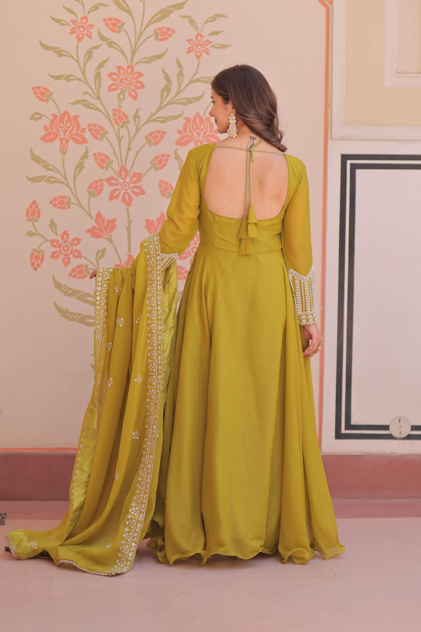 Ishani Parrot Green Sequin Beads Embroidered Gown With Duppata