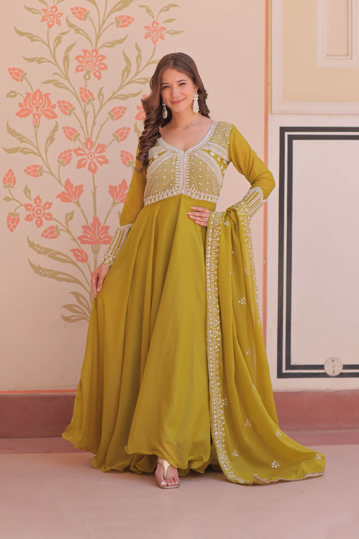 Ishani Parrot Green Sequin Beads Embroidered Gown With Duppata