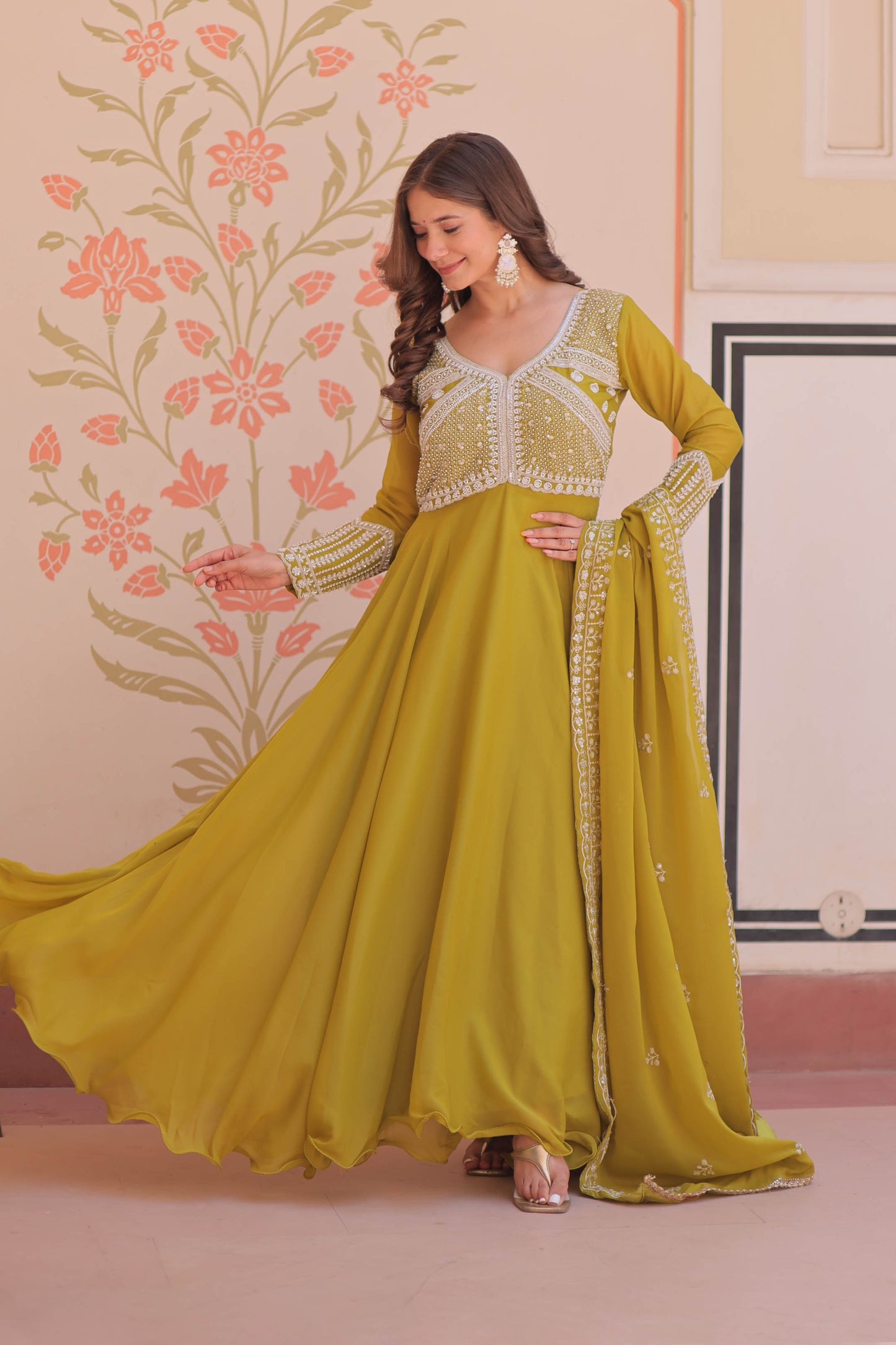 Ishani Parrot Green Sequin Beads Embroidered Gown With Duppata