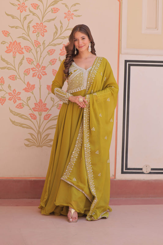 Ishani Parrot Green Sequin Beads Embroidered Gown With Duppata