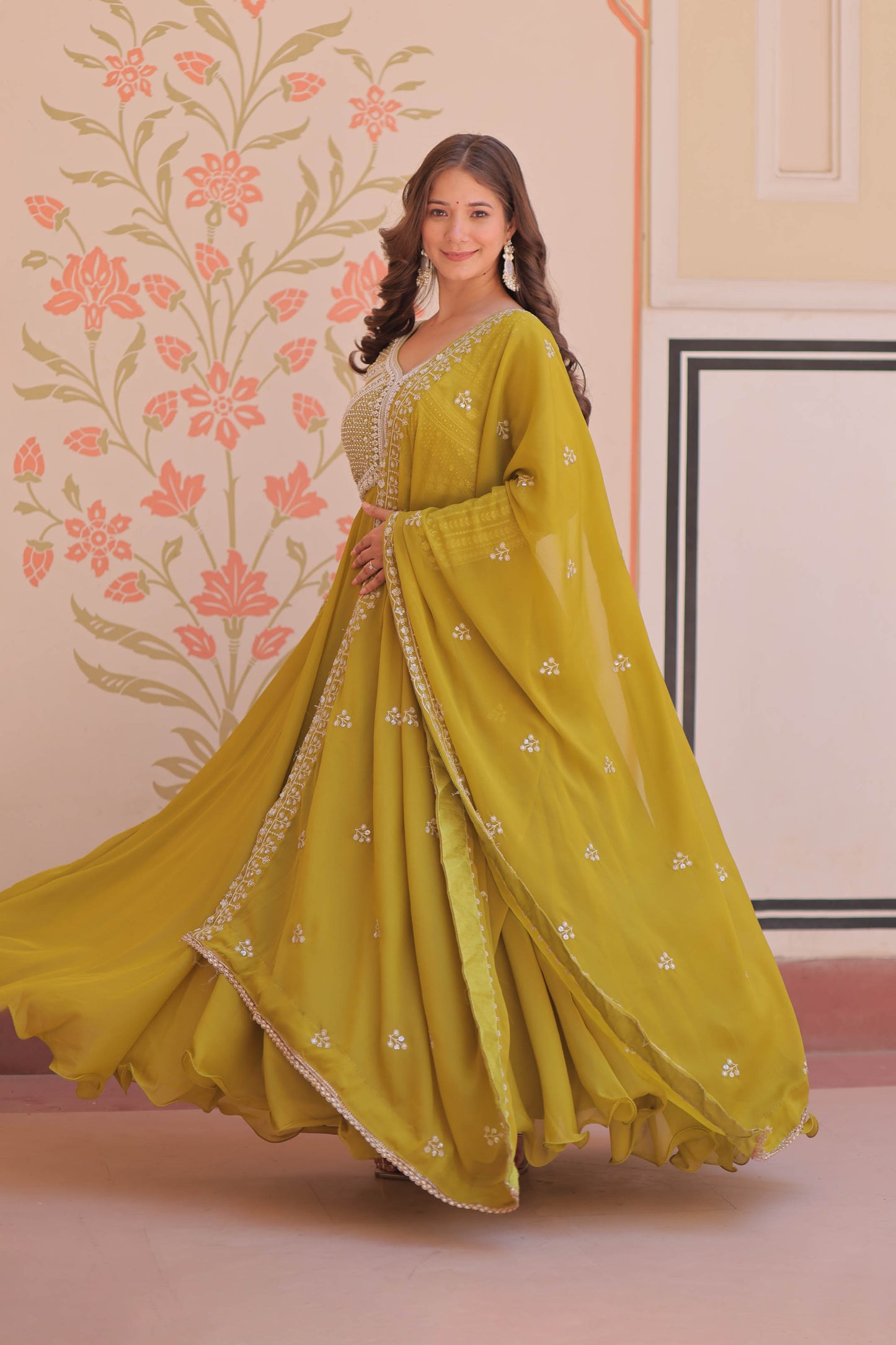 Ishani Parrot Green Sequin Beads Embroidered Gown With Duppata