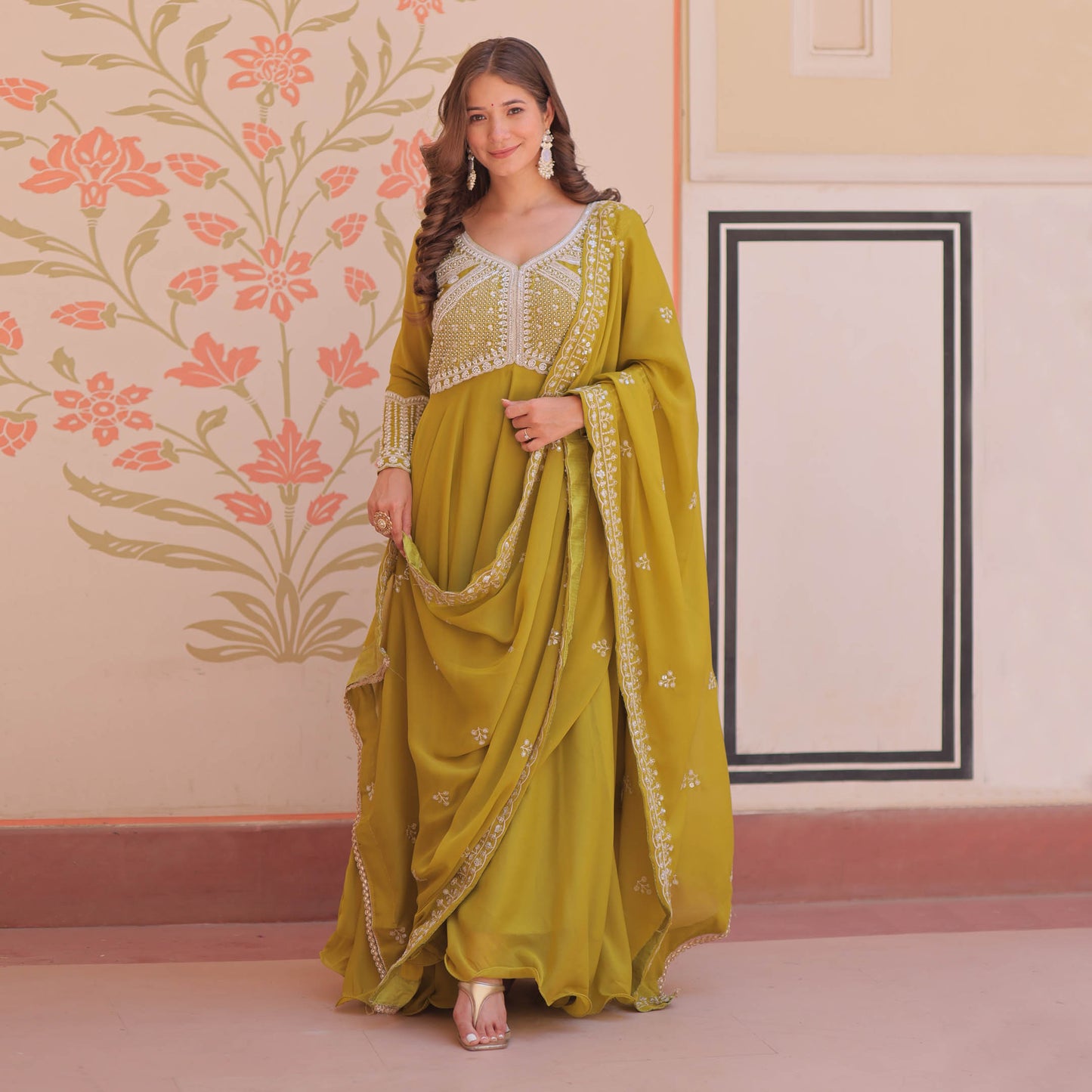 Ishani Parrot Green Sequin Beads Embroidered Gown With Duppata