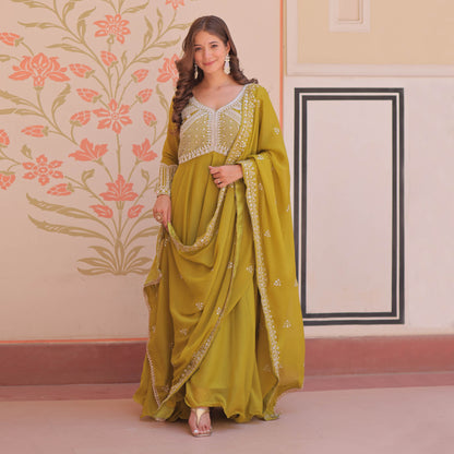 Ishani Parrot Green Sequin Beads Embroidered Gown With Duppata