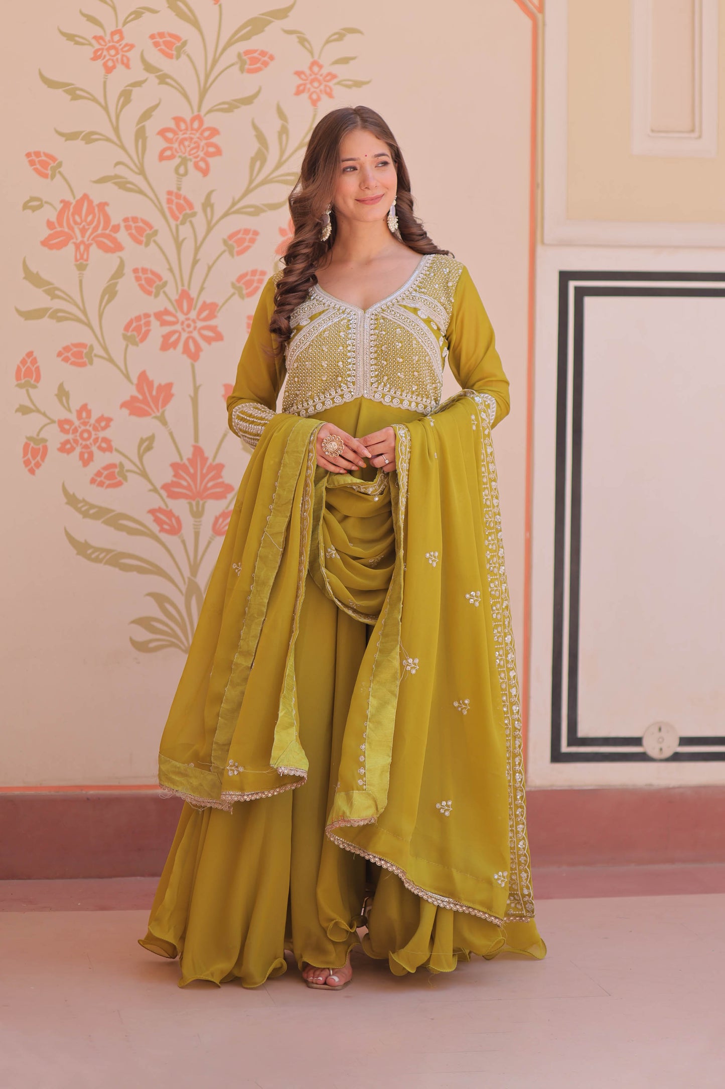 Ishani Parrot Green Sequin Beads Embroidered Gown With Duppata