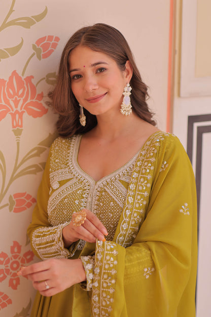 Ishani Parrot Green Sequin Beads Embroidered Gown With Duppata