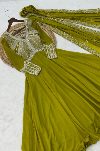 Ishani Parrot Green Sequin Beads Embroidered Gown With Duppata