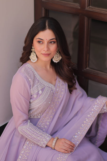 Ishani Lavender Sequin Beads Embroidered Gown With Duppata