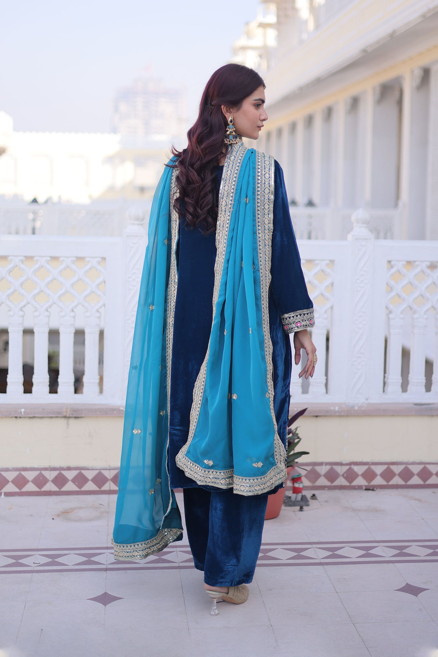 Rama Blue Embroidered Velvet Kurta Set