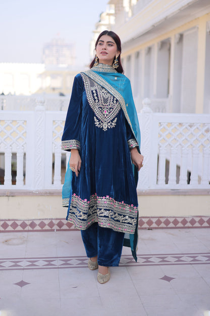 Rama Blue Embroidered Velvet Kurta Set