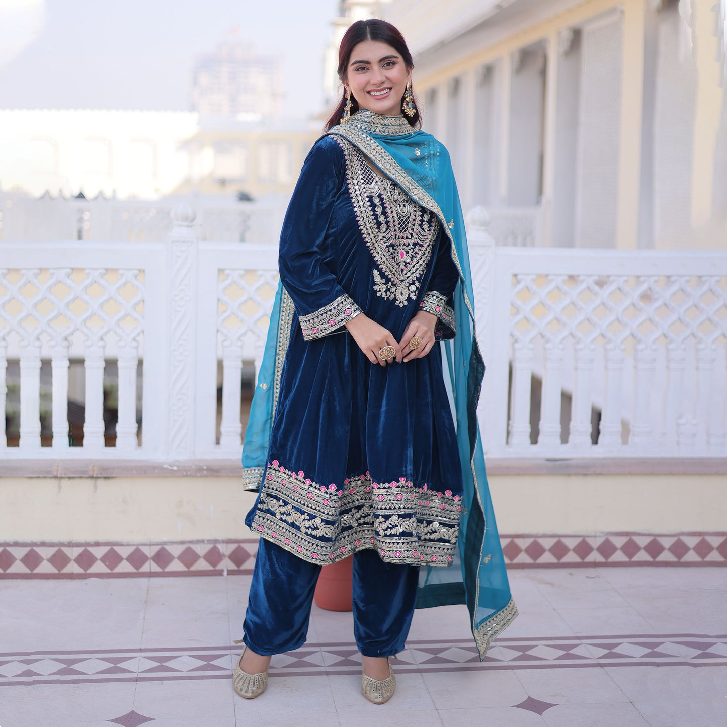 Rama Blue Embroidered Velvet Kurta Set