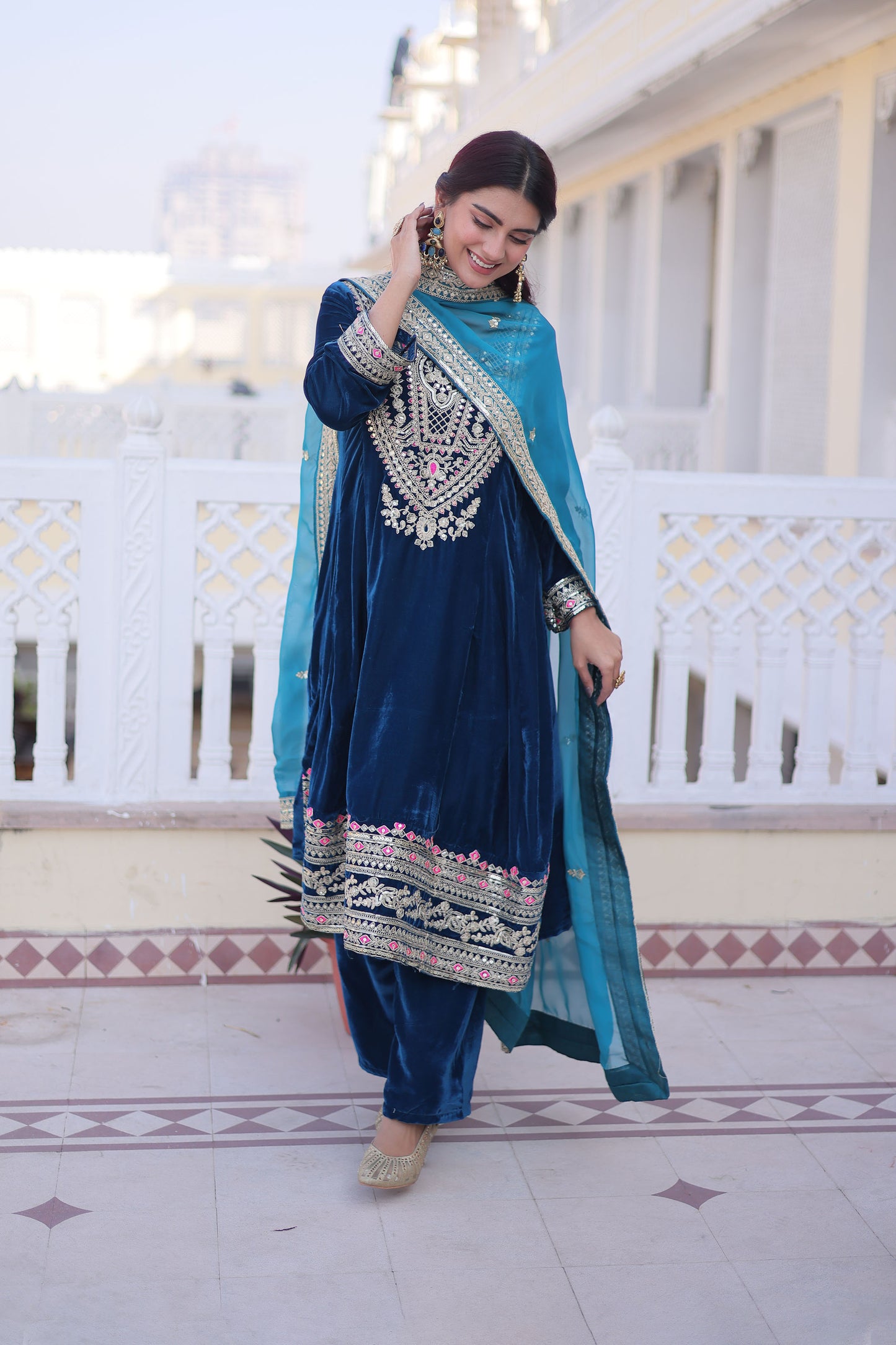 Rama Blue Embroidered Velvet Kurta Set