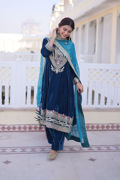 Rama Blue Embroidered Velvet Kurta Set