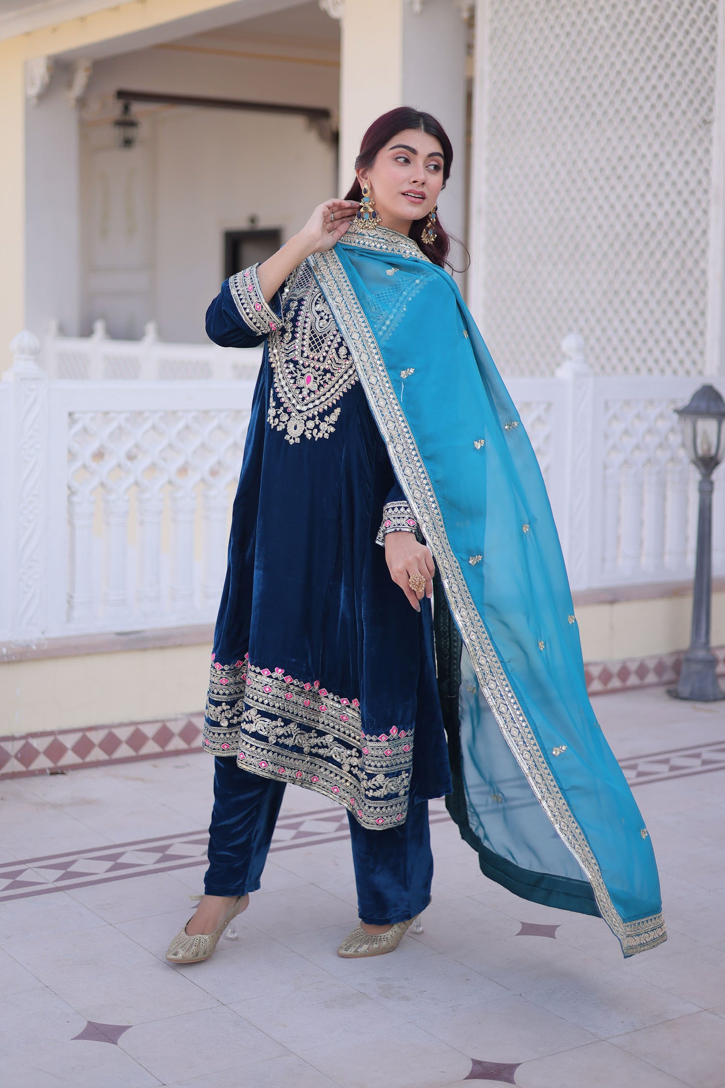 Rama Blue Embroidered Velvet Kurta Set