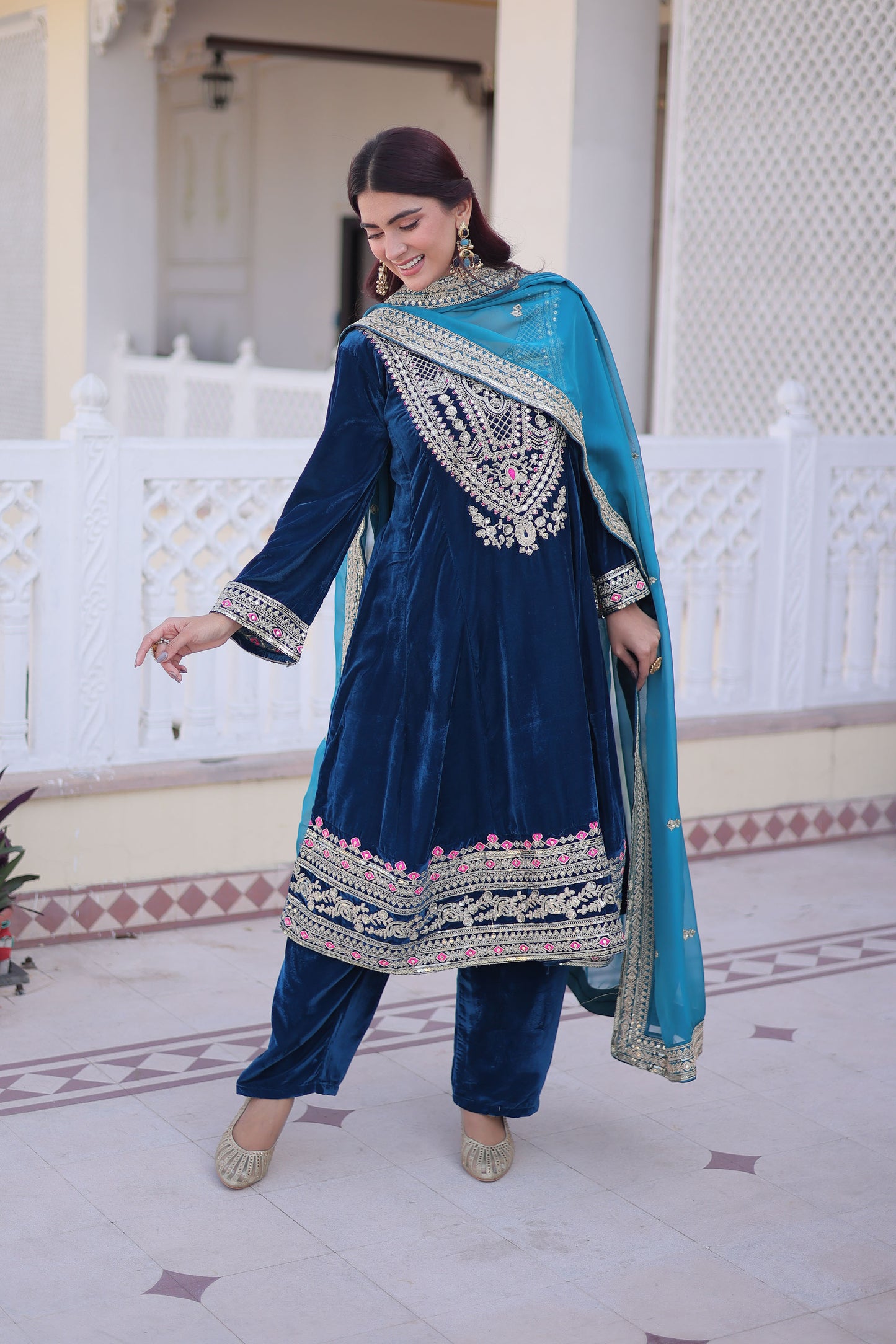 Rama Blue Embroidered Velvet Kurta Set