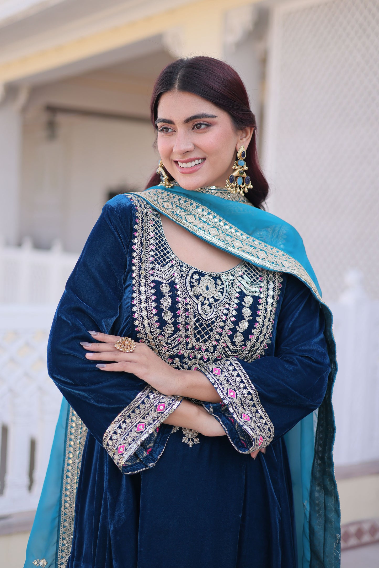 Rama Blue Embroidered Velvet Kurta Set