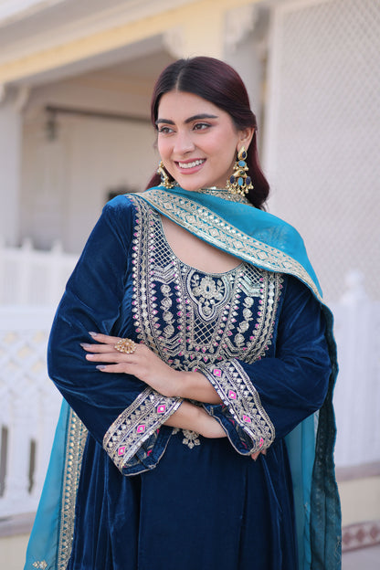 Rama Blue Embroidered Velvet Kurta Set