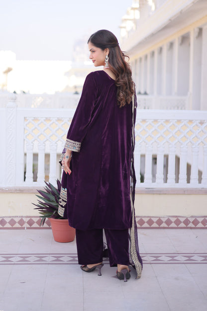 Wine Purple Embroidered Velvet Kurta Set