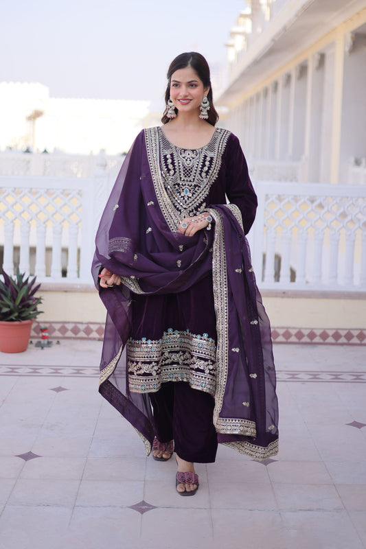 Wine Purple Embroidered Velvet Kurta Set