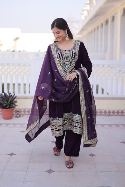 Wine Purple Embroidered Velvet Kurta Set