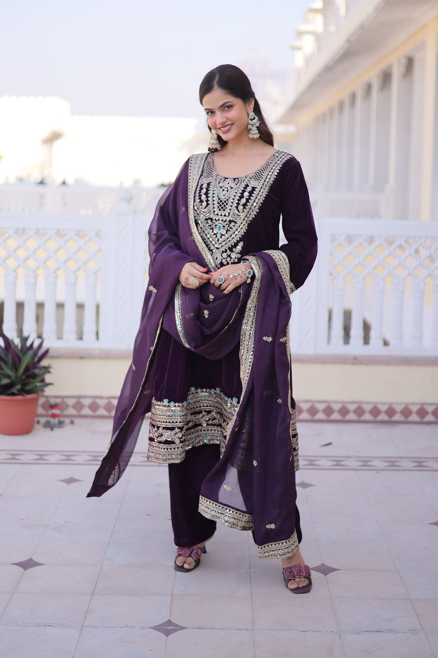 Wine Purple Embroidered Velvet Kurta Set