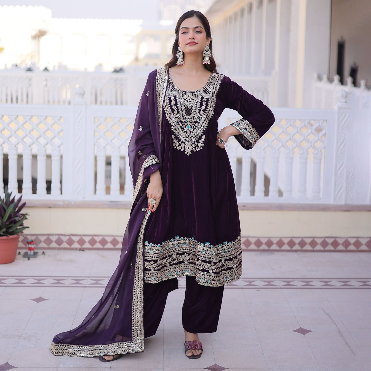 Wine Purple Embroidered Velvet Kurta Set