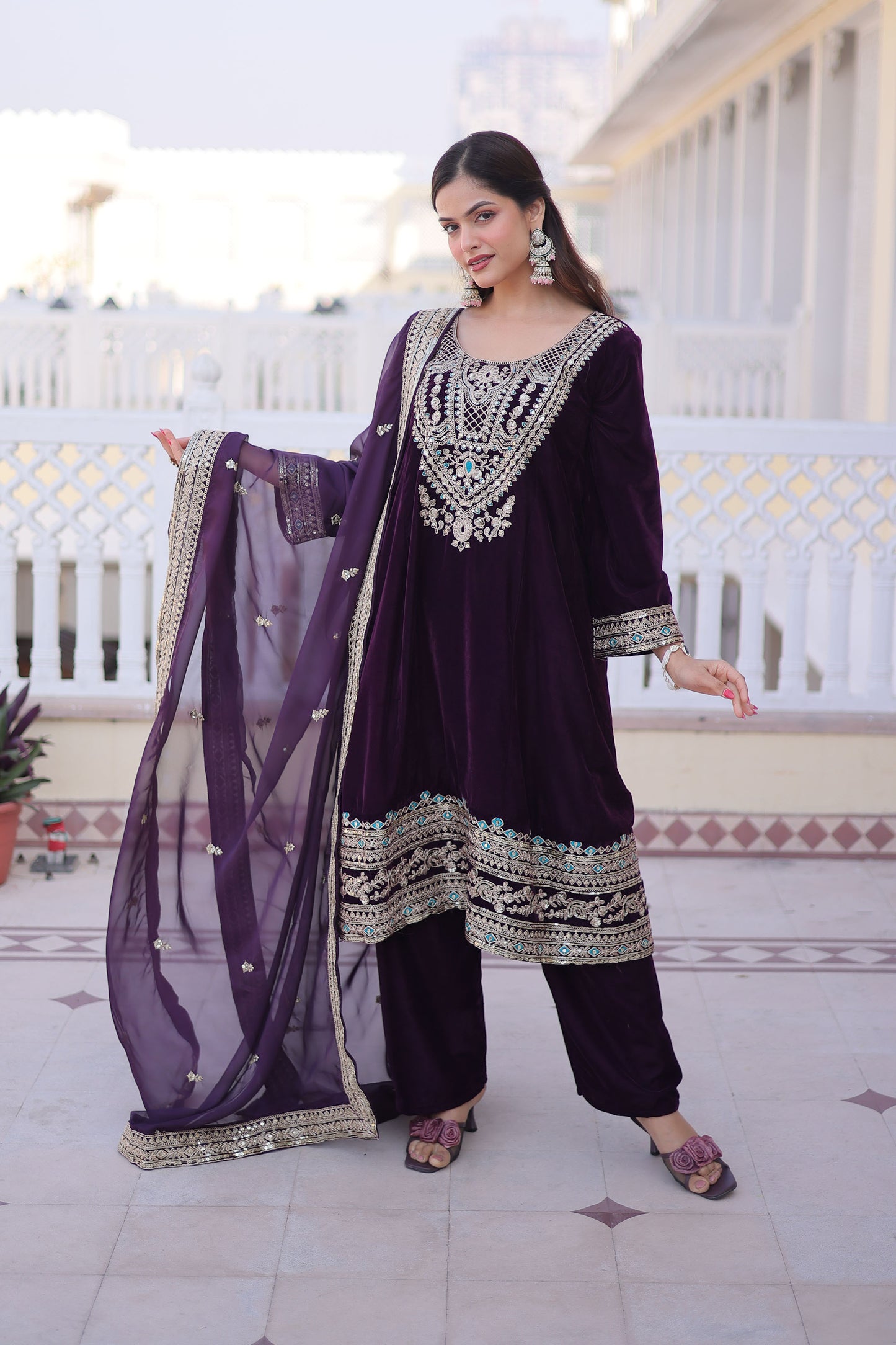 Wine Purple Embroidered Velvet Kurta Set