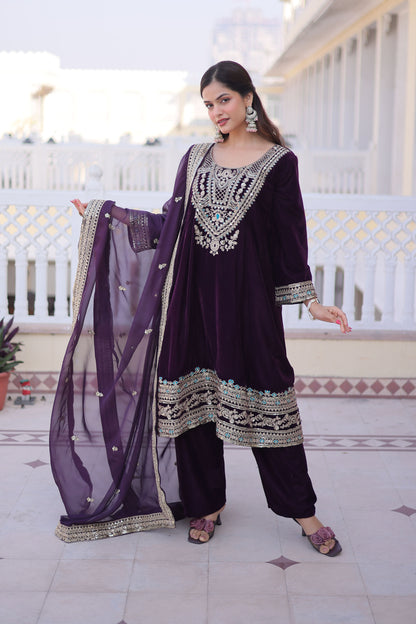 Wine Purple Embroidered Velvet Kurta Set