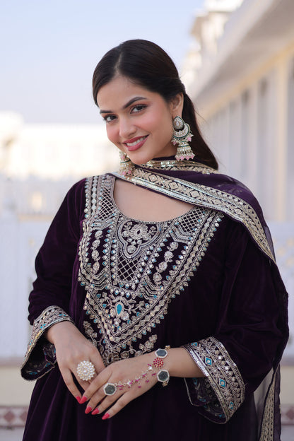Wine Purple Embroidered Velvet Kurta Set